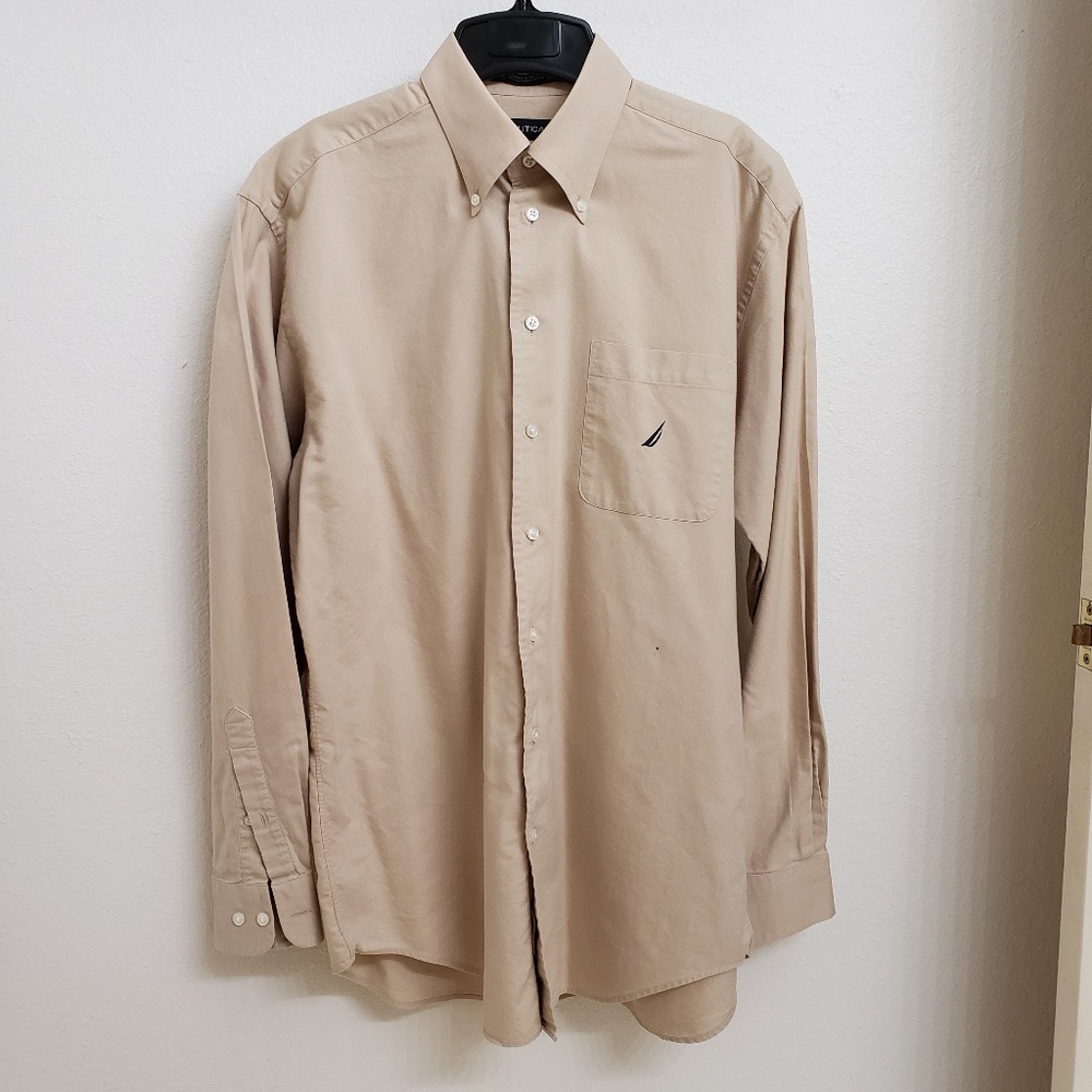 Nautica Tan Button Down Long Sleeve Shirt 15 1/2